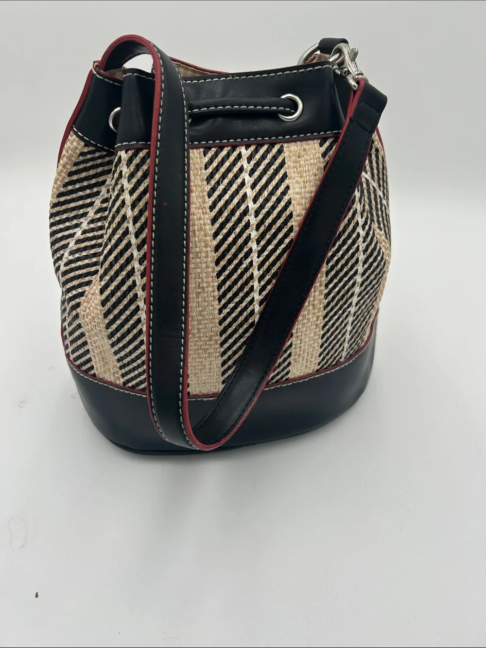 Y2K Tommy Hilfiger Black Natural/Red Straw Leather Bucket Bag Matching‎ Eye Case